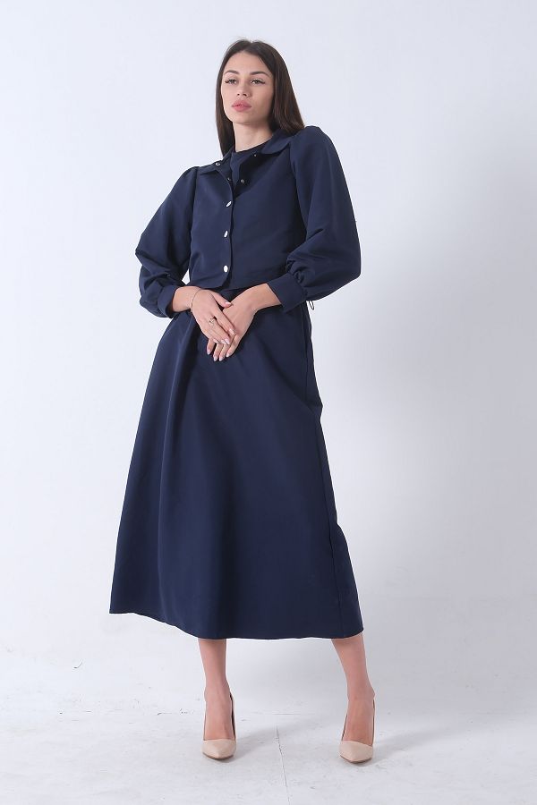 Feminist-Long Hijab Dress with Jacket Detail Navy Blue 4595049 1
