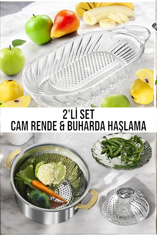 CocoVia ( 2'li Set ) Büyük Buharda Haşlama Buharda Pişirme Aparatı/ Cam Rende Bebek Rendesi Beslenme Seti