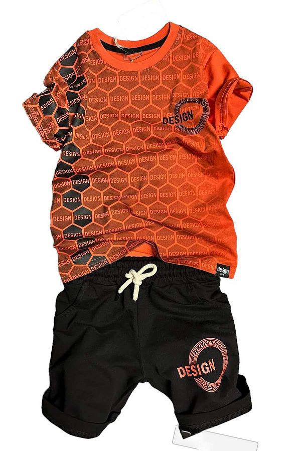 Riccotarz-Boy's Honeycomb Pattern and Design Printed Set with Vermilion Shorts 1