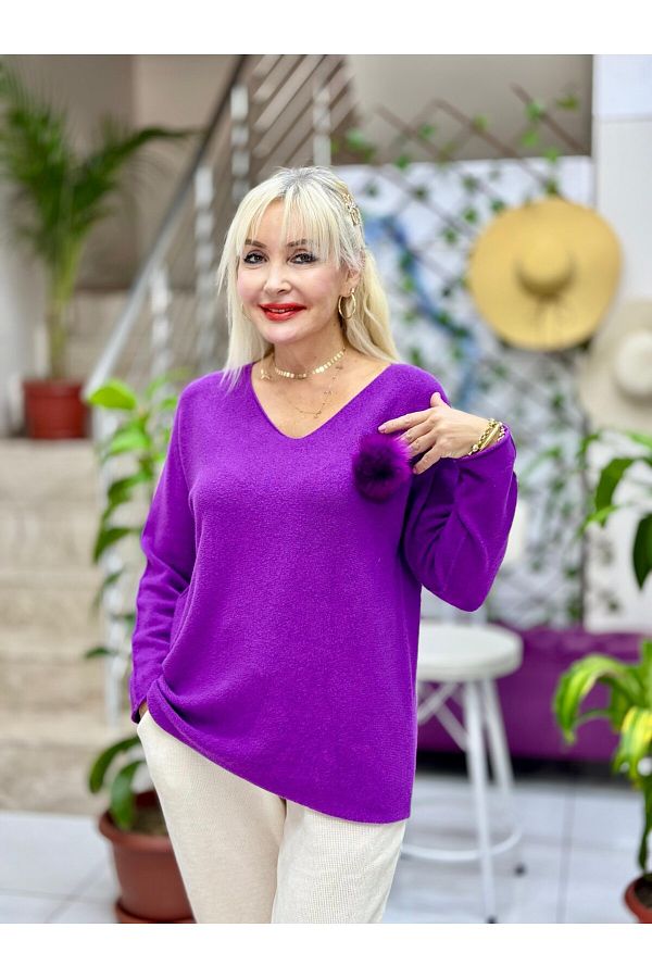 Punta Otantik P40207 Italian Pompom Purple Angora Sweater Trendyol