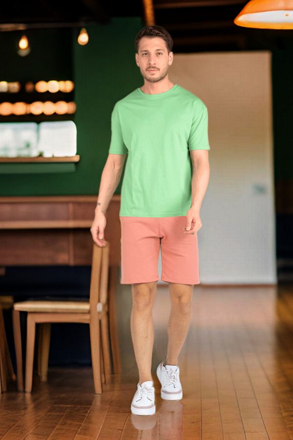 BESSA Make Love Printed Cotton T Shirt and Shorts Set for Men Green Salmon Trendyol