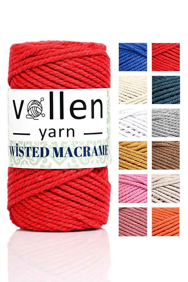 vollen yarn-3 لفائف ممتازة، مكرامية مشطوفة، مكرامية قطنية، حبل حبل، ثلاث لفائف، خيط هواية، 250 جرام، أحمر 1