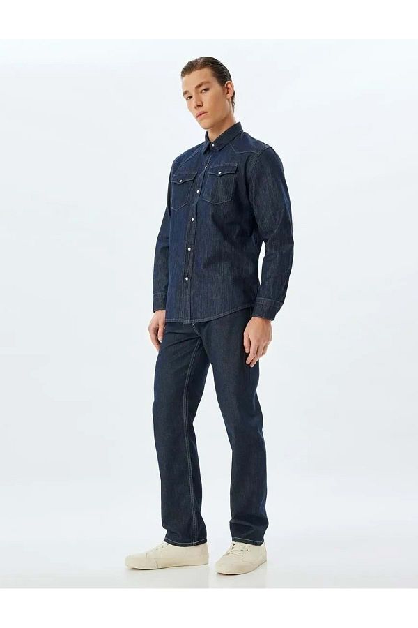 Koton-Dunkles Indigo-Jeanshemd aus Baumwolle – Jacke mit Kappe, Taschendetail 5WAM50012ID 1