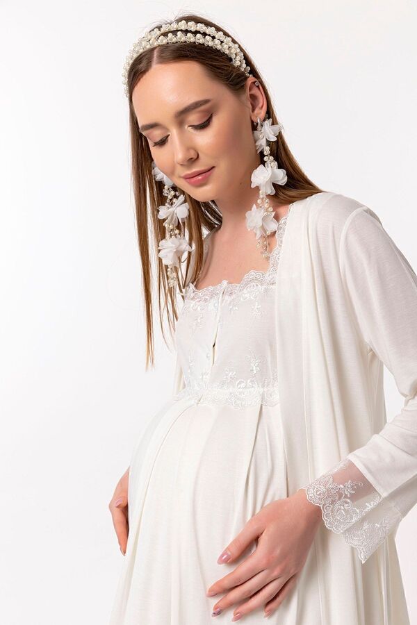 ByLohusa Effortt Ekru Sabahlıklı Hamile Lohusa Gecelik Takım