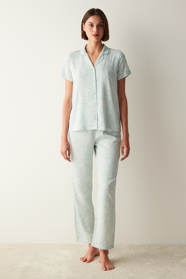 Penti Josie Green Printed Shirt Trousers Mint Green Pajama Set