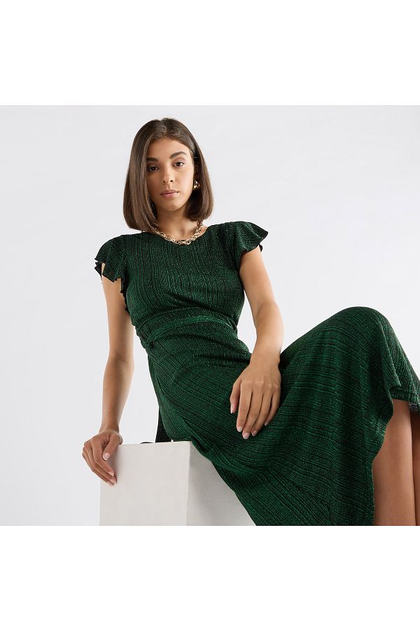 FAV-Textured Midi Dress with Flutter Sleeves and Tie-Up Belt 1