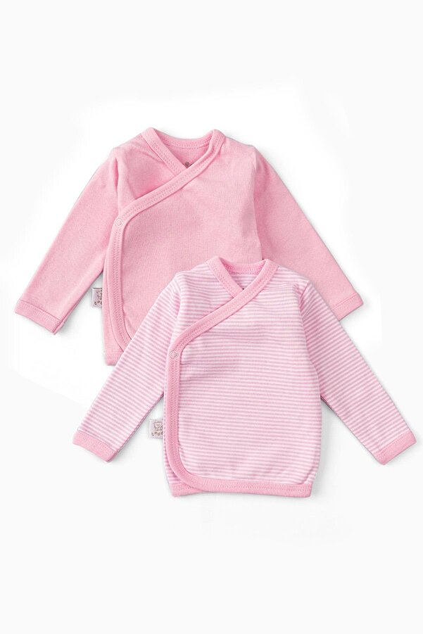 Uygun Bebe 2'li %100 Pamuk Uzun Kollu Kruvaze Bebek Çıtçıtlı Body Zıbın Pembe