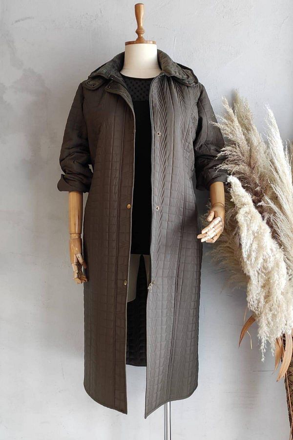 Hanezza Women s Plus Size Khaki Lining Wool Fabric Ankle Length Long Quilted Coat Trendyol