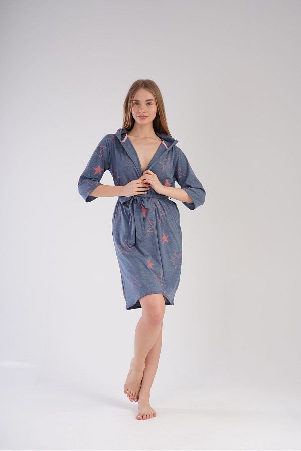 LOUP DORE Women s Supreme Combed Cotton Hooded and Half Sleeve Pocket Dressing Gown Trendyol