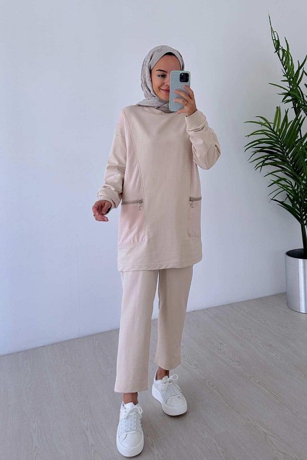 Ka Hijab-Set de 2 hijab cu fermoar cu gât crew - bej 1