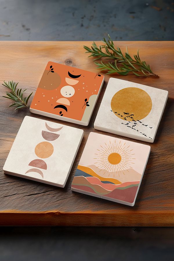 Pinecone-Minimalist, Bohemian, Abstract Stone Coasters Desktop Protective Coasters Set of 4 10x10cm Sc260 1
