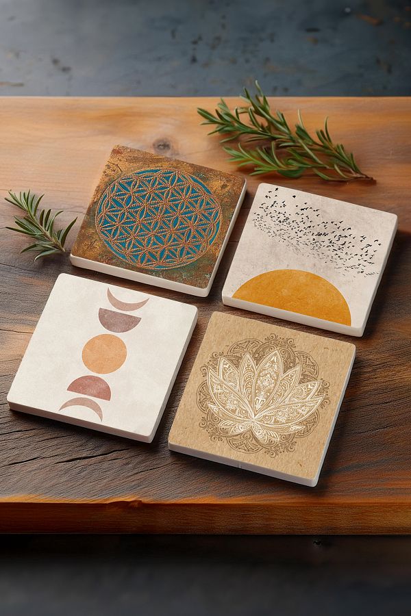 Pinecone-Minimalist Flower of Life Patterned - Abstract Lotus Flower Stone Coasters Set of 4 10X10Cm 1