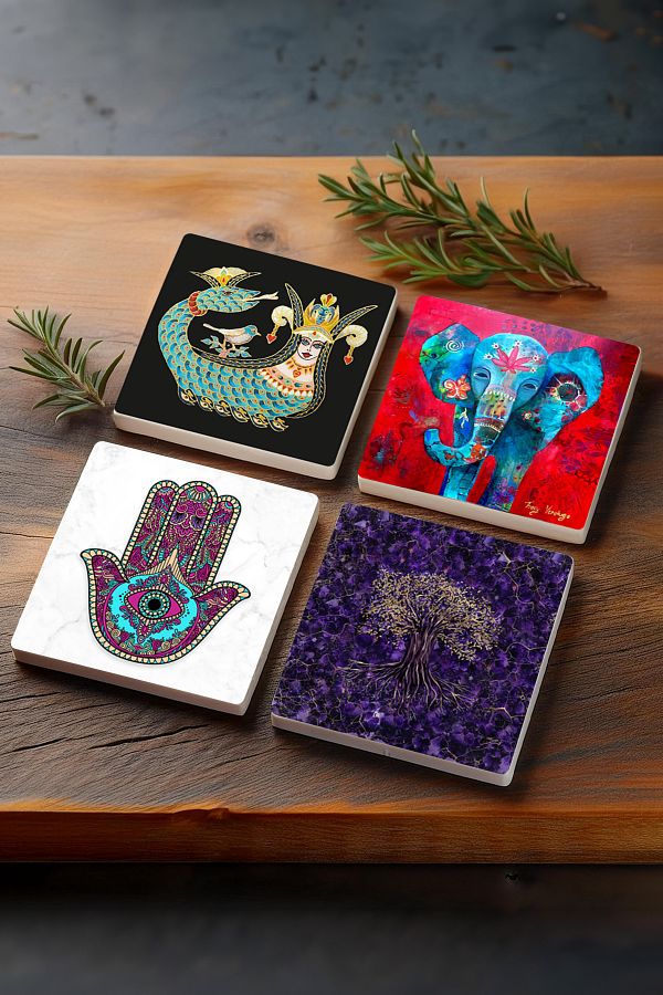 Pinecone-Tree of Life, Elephant, Mother Fatima Hand (HAMSA), Shahmeran Stone Coasters Set of 4 10x10cm 1