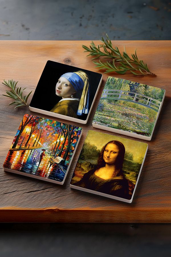 Pinecone-Girl with a Pearl Earring, Lanterns Painting, Monet Water Lily Lake, Da Vinci Mona Lisa Stone Coasters Set of 4 1