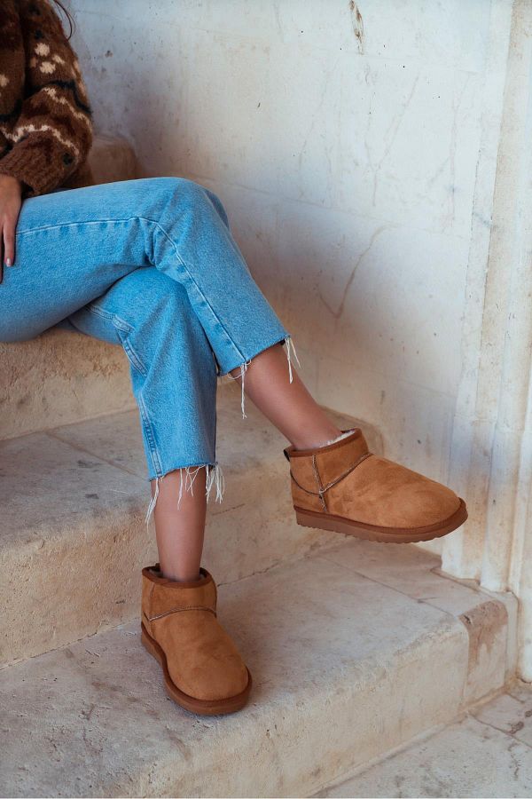 N ANTA I SHOES Mini Tan Suede Ankle Boots with Furry Inside Flat Sole Women s Shoes Trendyol