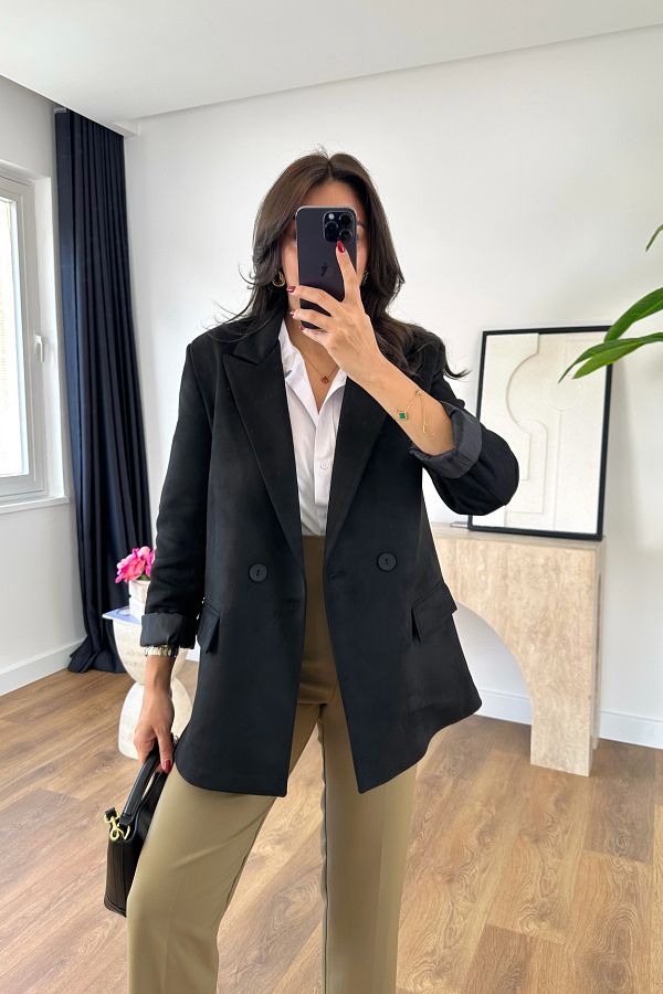 B RCANC L Black Lona Blazer Inner Lining Detail Trendyol