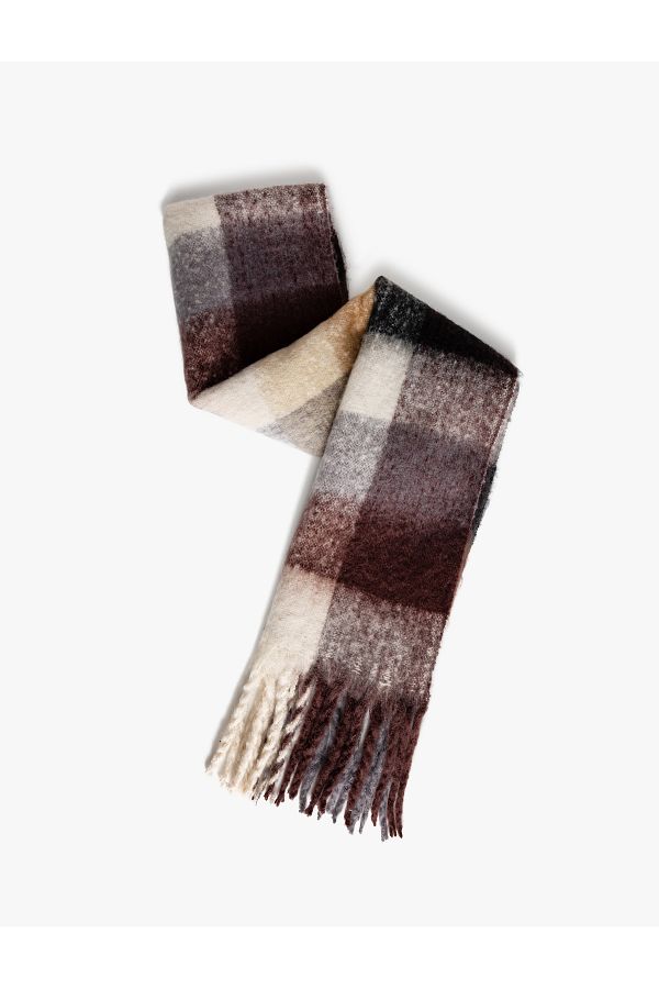 Koton-Soft Textured Long Scarf - Tasseled Checked 1