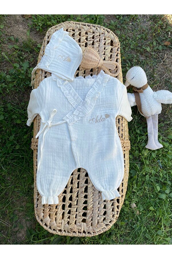 VolleM Isimli Hastane Çıkışı Yenidoğan 2'li Fırfırlı Müslin Tulum Set