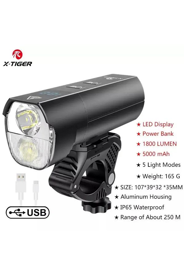 X TIGER Bike Light USB Rechargeable 5000mAH Battery 1800 Lumens Handlebar Front Lamp Cycling Flas. Trendyol