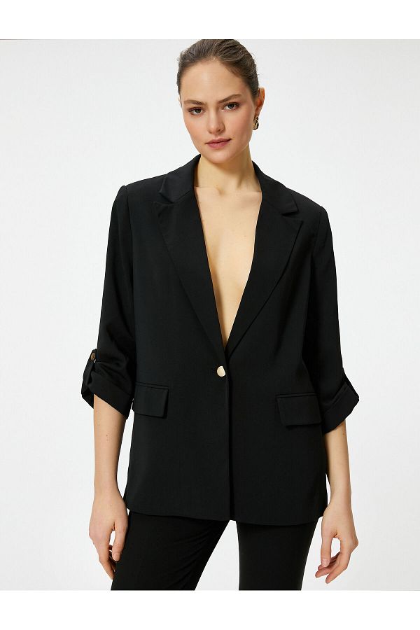 Koton-Gold Blazer Jacket - Single Button, Flap Pockets and Folded Sleeves 1