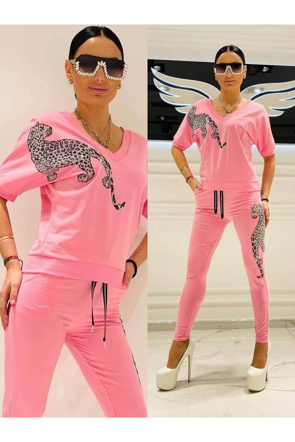 Kokostrendi Stoned Leopard Crystal Stone Tracksuit Set Pink Trendyol