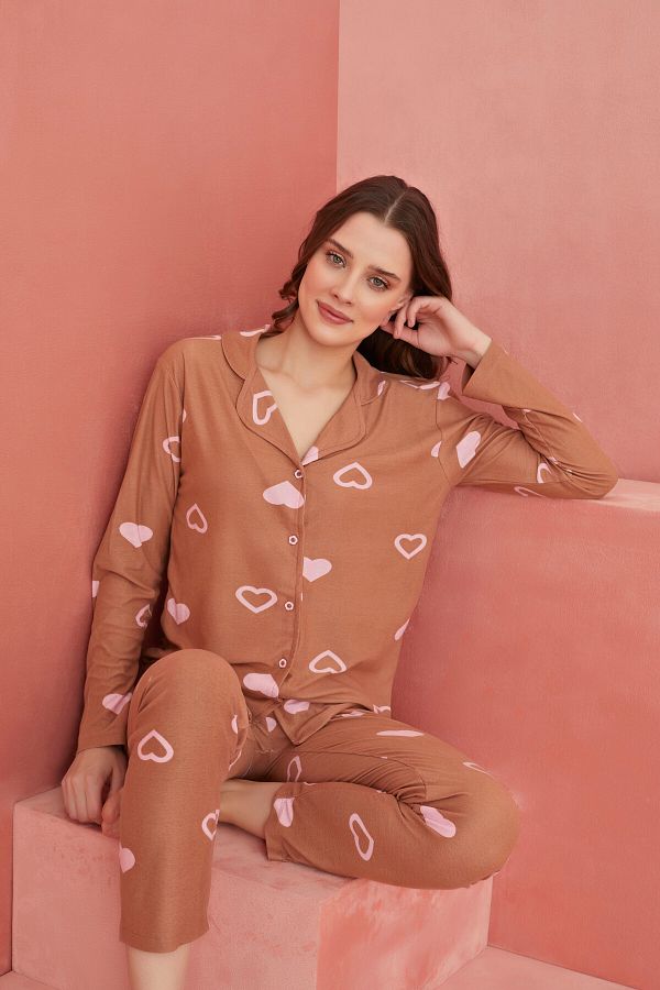 ELİTOL-Brown Heart Patterned Front Buttoned Suede Pajama Set 1