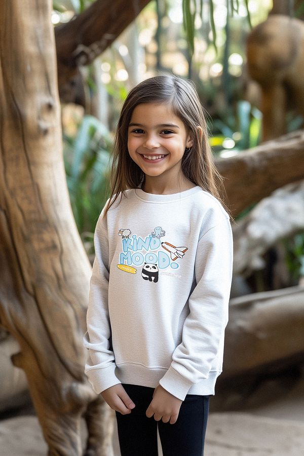 TRENDYOLKIDS-Сив суитчър с шарки в меланж за момиче - кръгло деколте, слоган, Tkdaw25sw00041 1