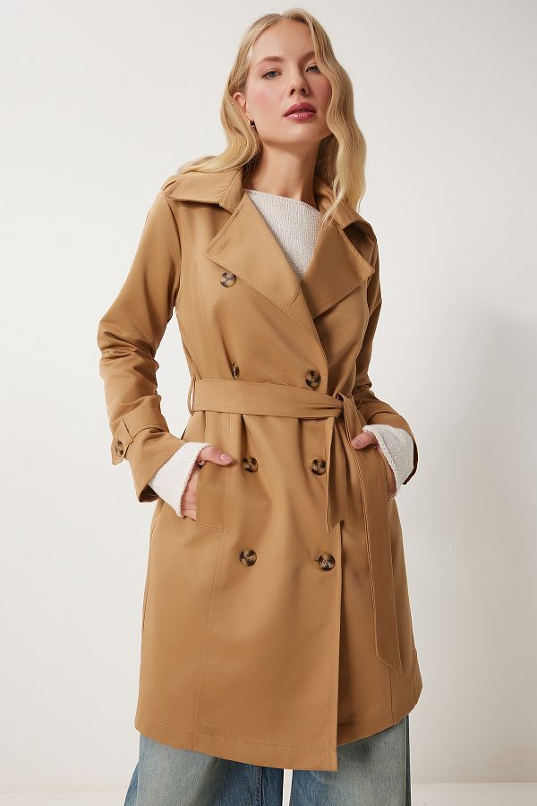 Happiness İstanbul-Trenci sezonier pentru damă, Camel, cu guler dublu, cu brâu DD01345 1