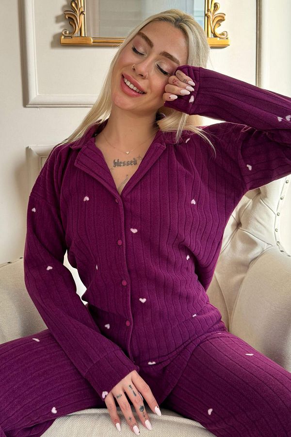 Pijamaevi-Plum Jantung Patterned Front Buttoned Plush Fleece Pajama Set 1