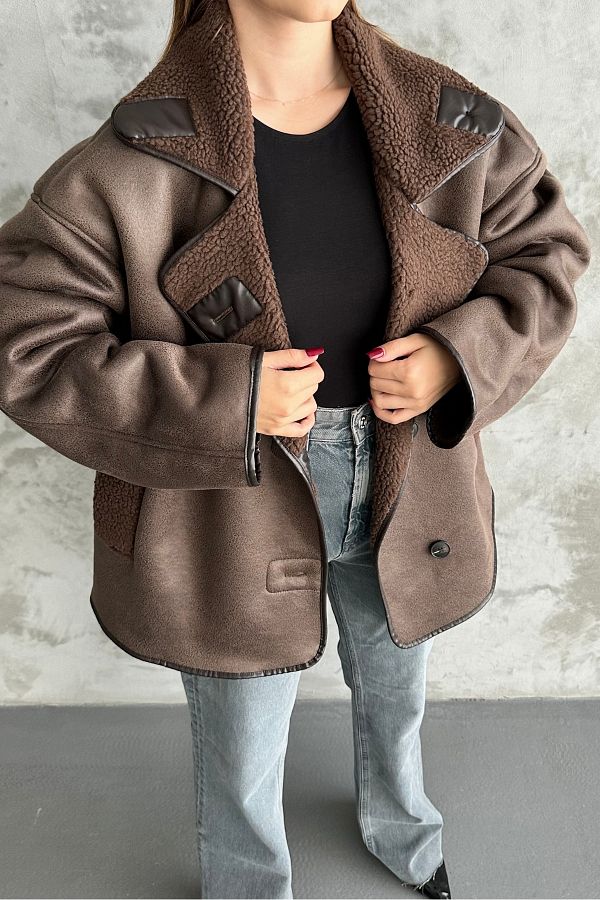 macharel jeans Oversize Cut Buttoned Suede Jacket with Fur Inside Trendyol