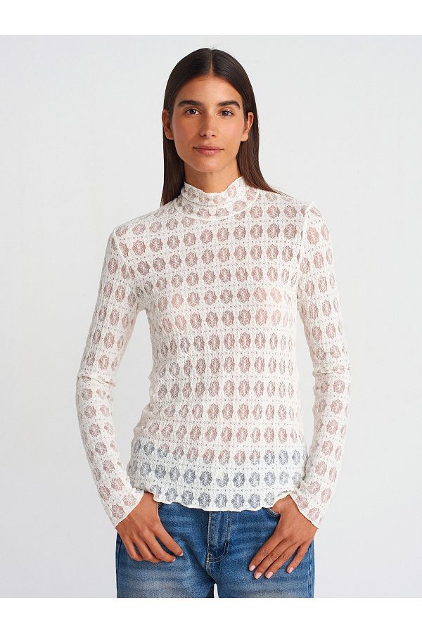 Dilvin-31328 Turtleneck Zippered Lace Top- Ecru 1