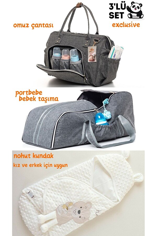 sahra bebek EXCLUSIVE 3'LÜ DOĞUM SETİ (BEBEK BAKIM OMUZ ÇANTASI, PORTBEBE-BEBEK TAŞIMA VE NOHUT KUNDAK)