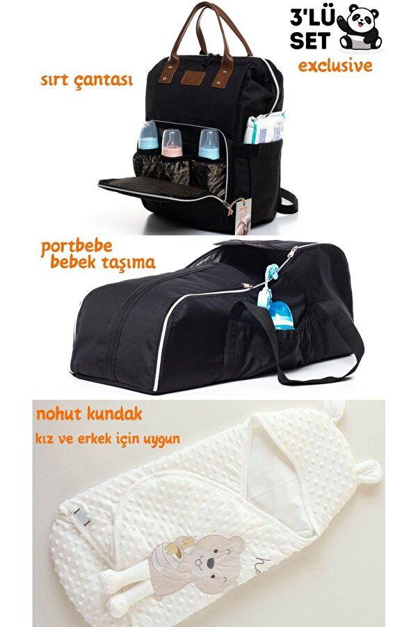 sahra bebek EXCLUSIVE 3'LÜ DOĞUM SETİ (BEBEK BAKIM SIRT ÇANTASI, PORTBEBE-BEBEK TAŞIMA VE NOHUT KUNDAK)