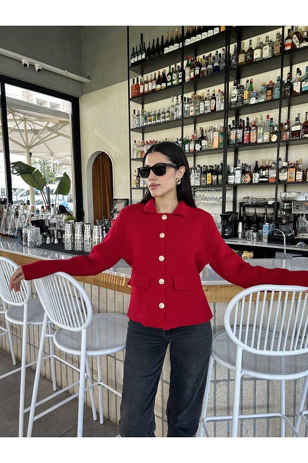 Puella-Women's Gold Button Pocket Detailed Blazer Crop Jacket Women's Cardigan 1