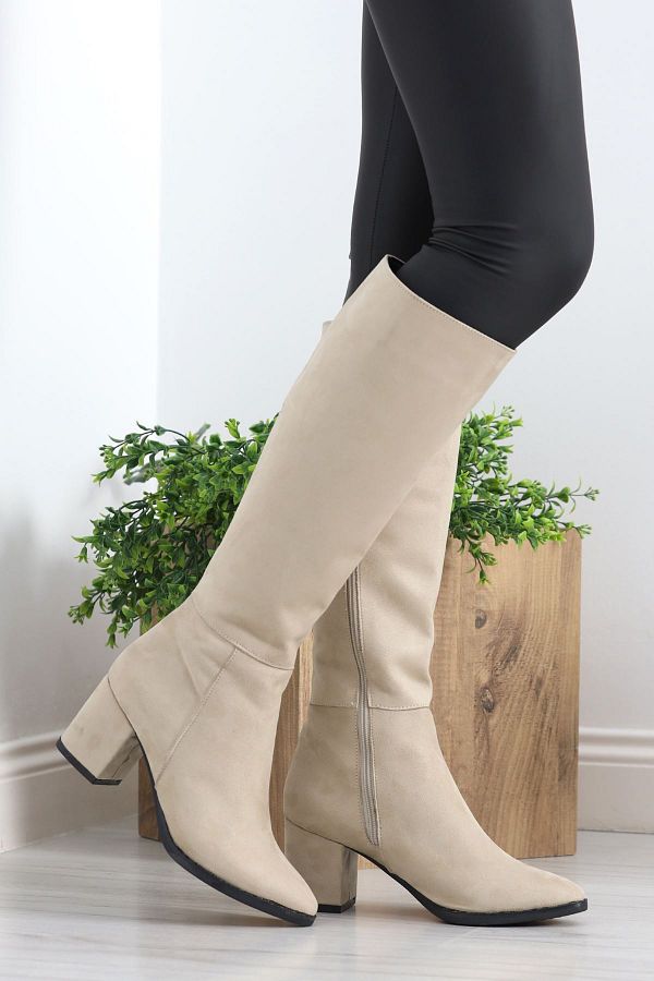 Cream Suede Cream 7 cm Heeled Boots 19272.264. Trendyol