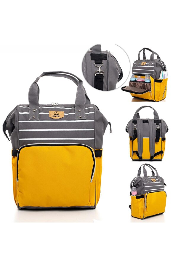 Papyon Baby Kids Çizgili Anne Bebek Bakım Sırt Çantası Biberon Termos Gözlü Puset Askı Aparatlı