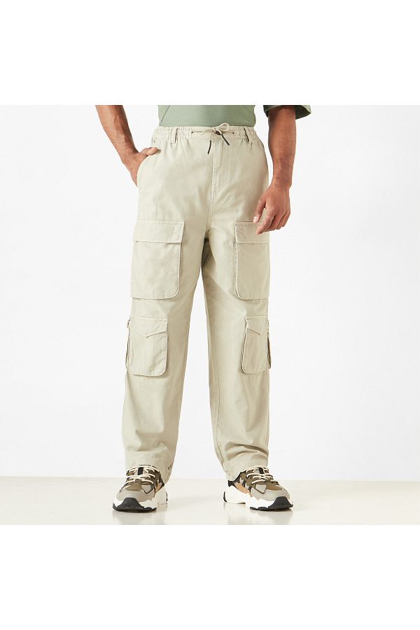 Lee Cooper-Solid Relaxed Fit Cargo Pants with Drawstring Closure 1