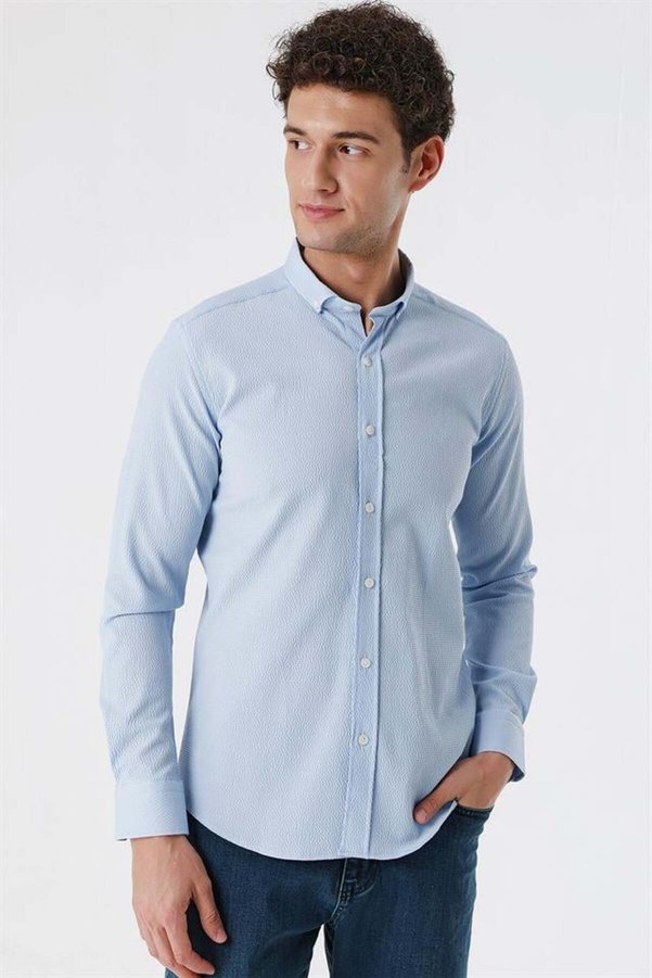 İmza Men's Dark Blue Long Sleeve Seersucker Cotton Lycra Classic Slim Fit Slim Fit Shirt 1004230178
