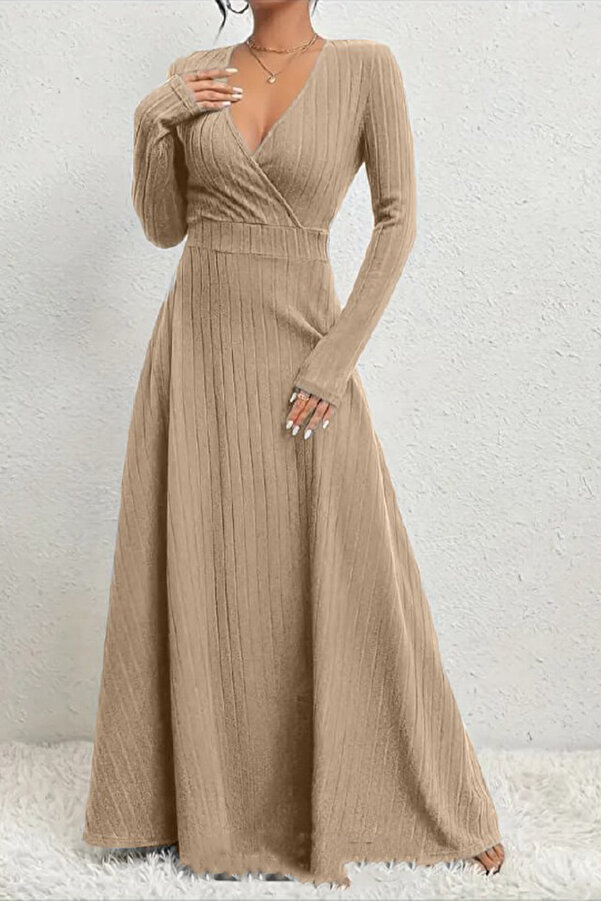 missamour Women's Beige V-Neck Max Dress with Waist Belt- Trendyol