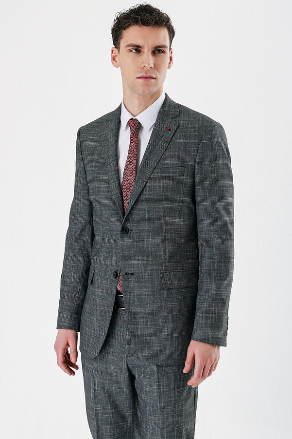İmza Men's Black Plaid Mono Collar Lycra 6 Drop Comfort Fit Comfortable Cut Suit 1001240165