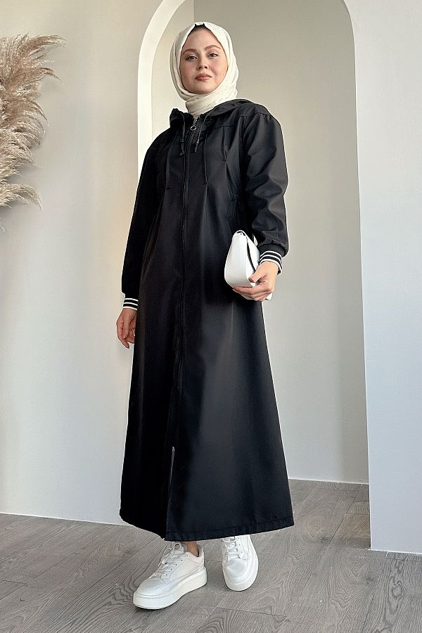 InStyle-Pleat Detail Black Trench Coat with Elastic Waist 1