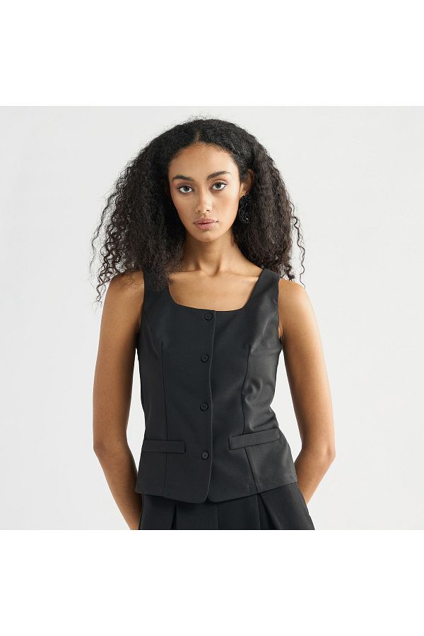 FAV-Sleeveless Wrap Jacket With Square Neck And Button Closure 1
