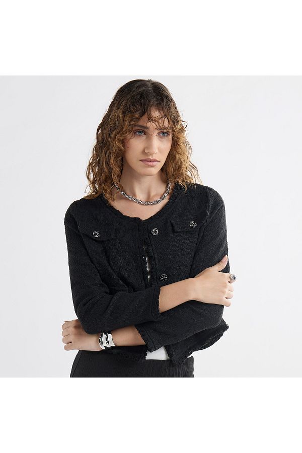 FAV-Textured Frayed Hem Shacket With Long Sleeves And Button Accents 1