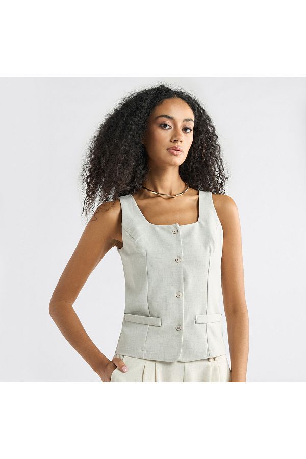 FAV-Sleeveless Wrap Jacket With Square Neck And Button Closure 1