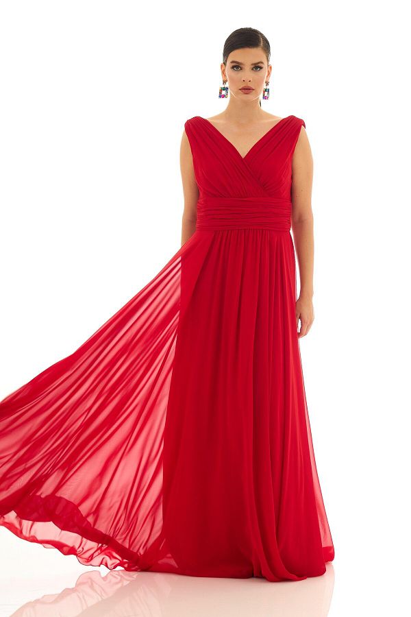 Pierre Cardin-Carmen Red Chiffon V Neck Long Evening Dress 1