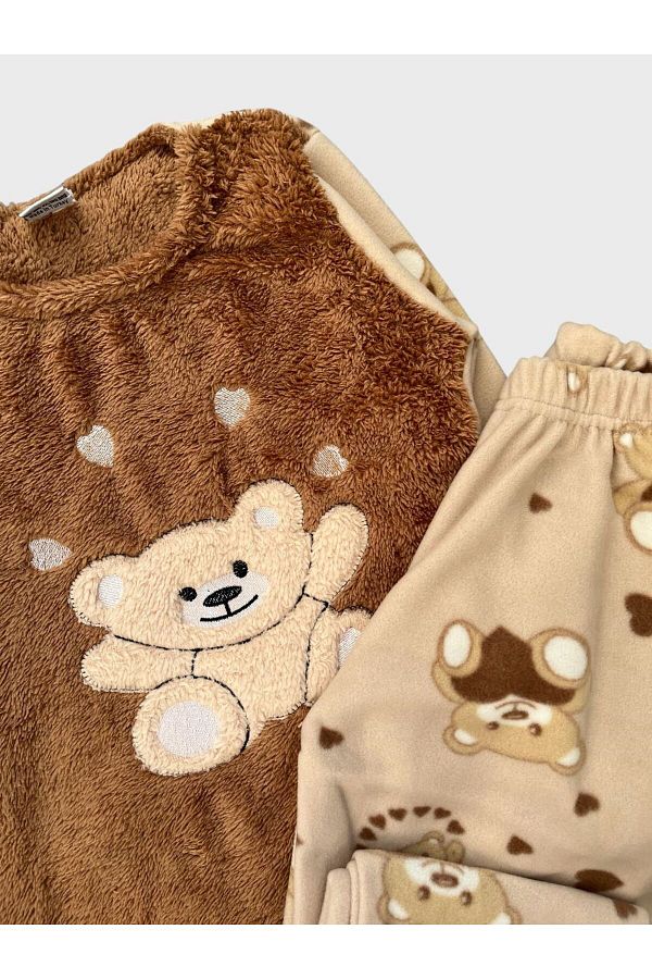 AL K DS Girl s Cream Colored Teddy Bear Patterned Long Sleeve Winter Fleece Pajamas Set Trendyol