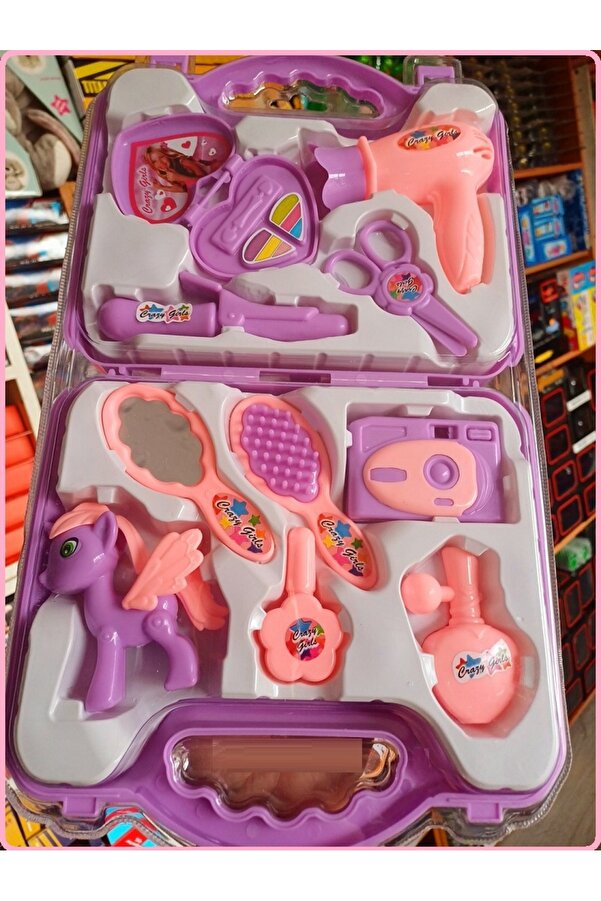 OYUNCAKSAHİLİ Çantalı Makyaj Güzellik Çantası Pony 10+1 pcs Çanta Oyuncak Fön Fotoğraf Ayna Ruj Parfüm Evcilik Pmb