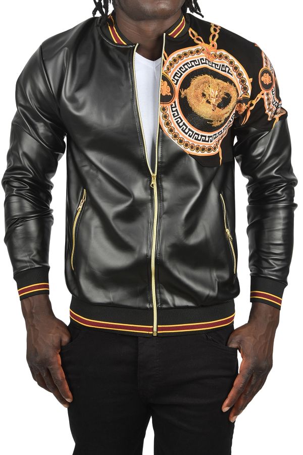 DeepSEA-Men's Black Stone Embroidered Dragon Pattern Slim Fit Zippered Faux Leather Jacket Coat 2500616 1