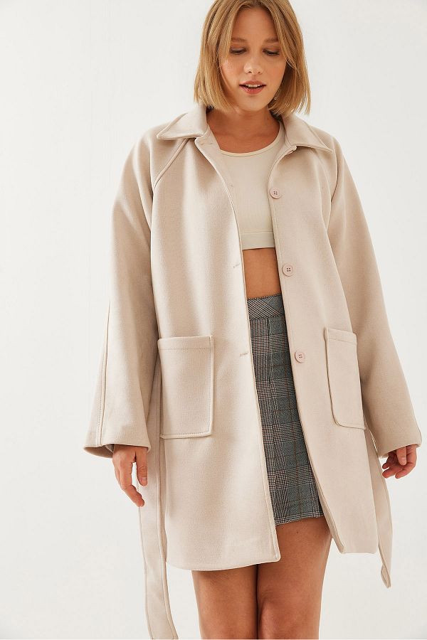 Bianco Lucci Women s Striped Lining Detail Belted Suede Trench Coat 2601 60351118 Trendyol