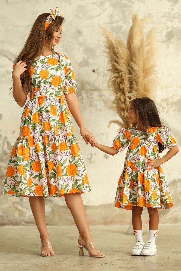 KÜÇÜĞÜM BUTİK Orange Patterned Tiered Mother-Daughter Set (SOLD INDIVIDUALLY)